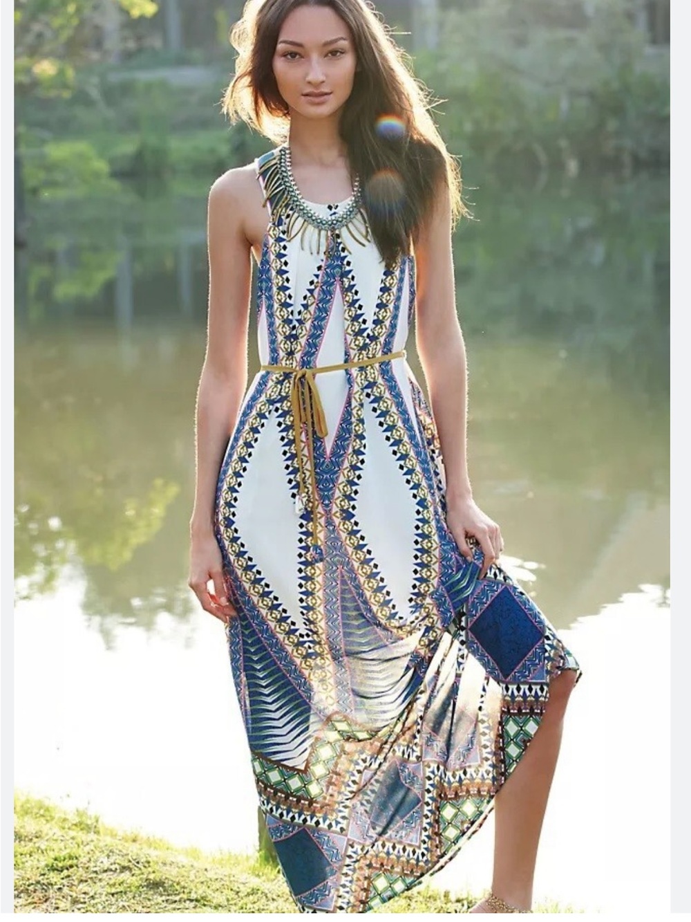 MAEVE Pakpao Maxi Dress Blue Tribal Long Pockets Anthropologie Size 4